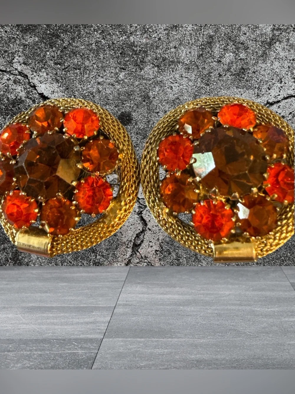 Vintage WEISS Amber Orange Rhinestone Clip-On Earrings Gold Tone Mid Century